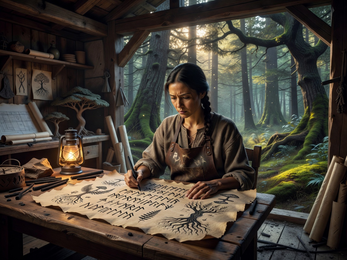 Kaisa Mossweaver, Chief Creative Director sketching runic forest mockups