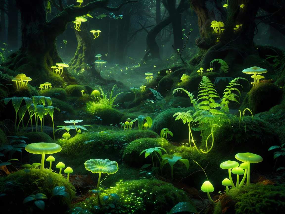 Glowing green woodland vegetation
