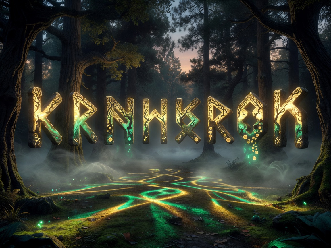 Glowing gold and emerald runic symbols displaying game-shadow-forest-slot graphics