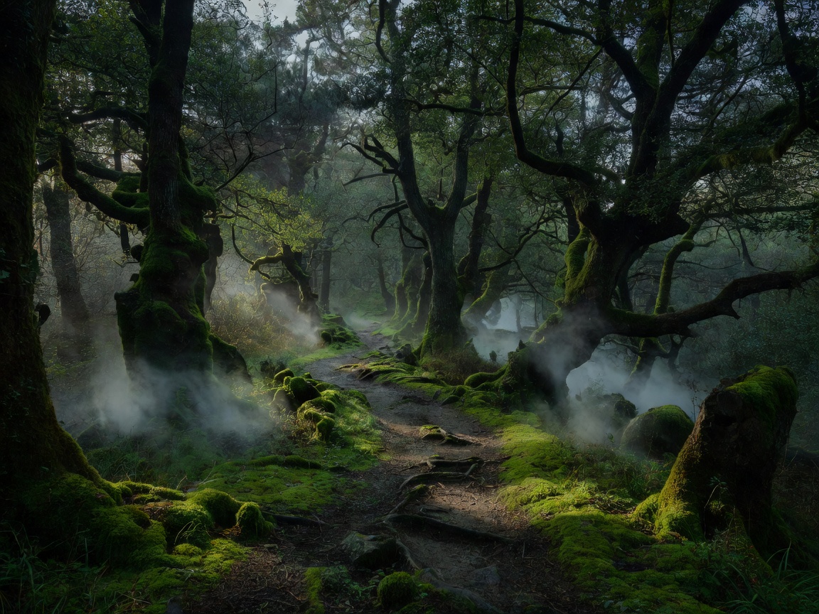 Mysterious mossy woodland path