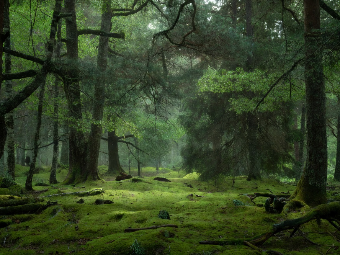 Deep peaceful green mossy woodland scenery of the Espoo canopy