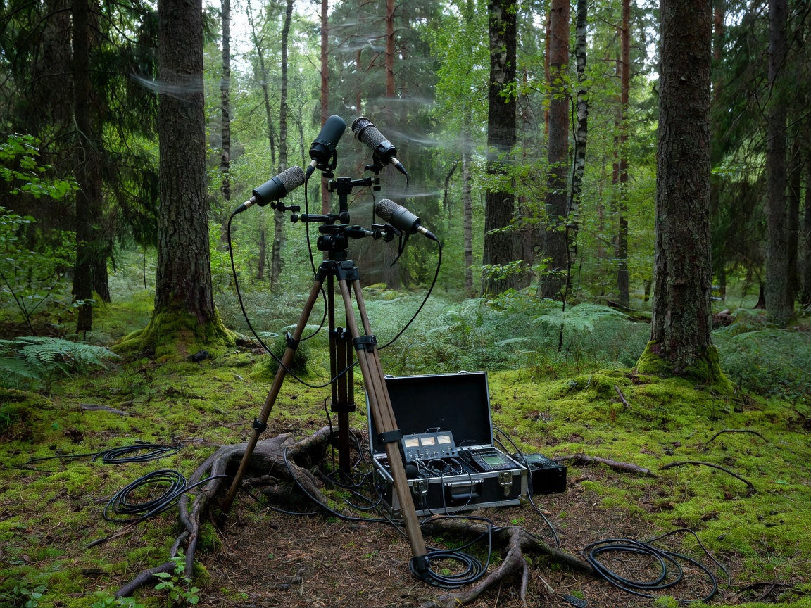 Acoustic recording setup capturing spatial bird chirps and wind in Finland forest